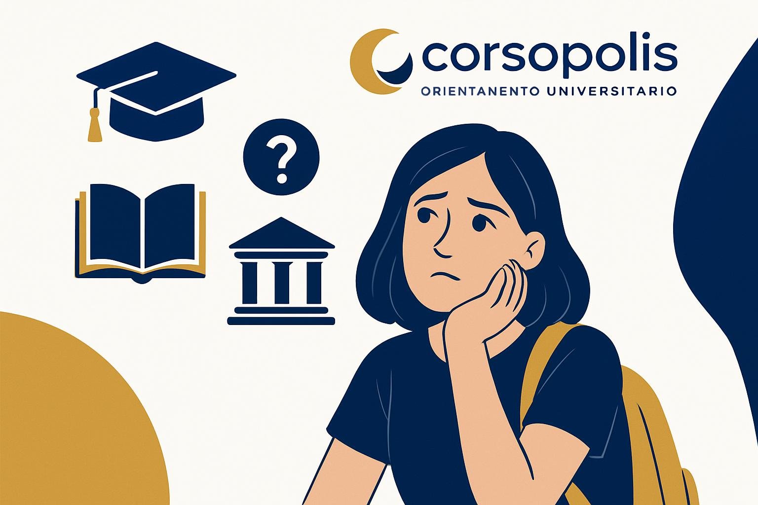 Studentessa che riflette sulla scelta del percorso universitario, in una grafica Corsopolis sull'orientamento universitario.